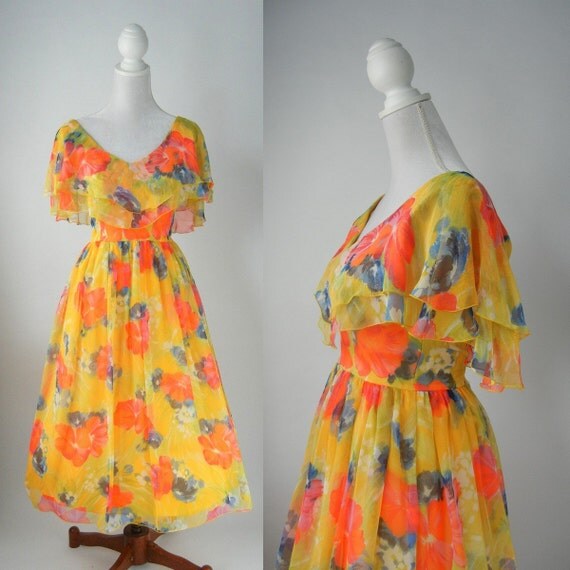 Vintage Orange Dress 1930 Style Dress 80s Floral Dress