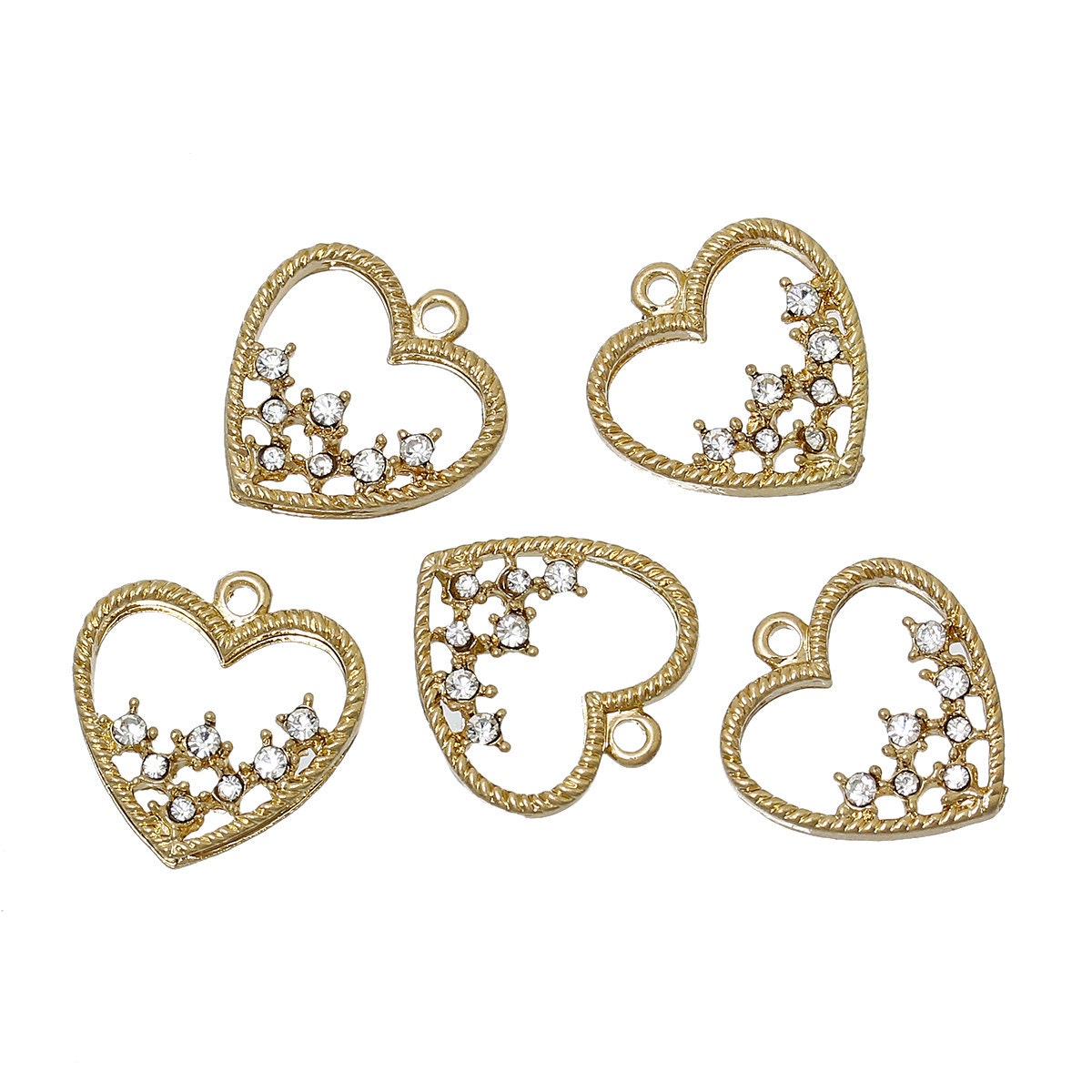 5 GOLD HEART Charms or Pendants . Gold Plated with rhinestone