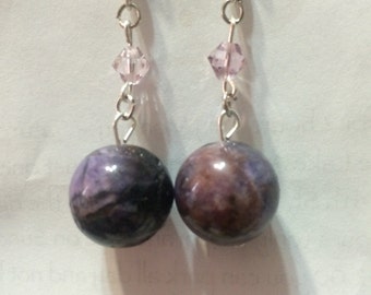 Amethyst Purple Stone and Crystal Dangle Earrings