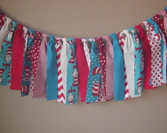 WEEKEND SALE Ends Sunday Dr Seuss Cat in the Hat Rag Tie Garland, Ready To Ship Garland/Banner Photo Prop