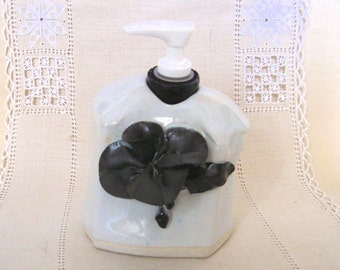 Lotion Dispenser or Soap Dispenser in Hand Built Porcelain, Black Flowers on White