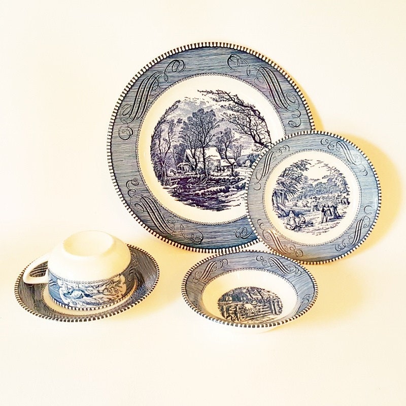 Vintage Plates Cups Saucers Bowls Vintage Dinnerware Currier Ives China