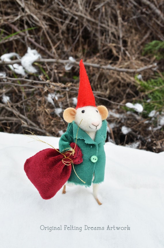 Little Christmas Elf - Winter Christmas Mouse- Christmas-Winter Seasonal Ornament- Felting Dreams - READY TO SHIP