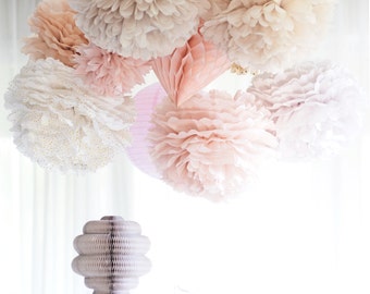 Dusty blush.. 16 mixed size Tissue paper Pom Poms set - dusty pink Weddings - Party decorations - Bridal Shower Birthday Nursery Decor