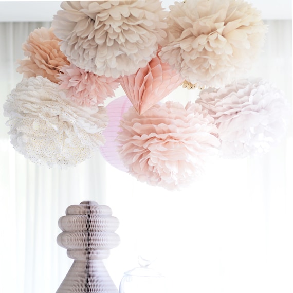 Dusty blush.. 16 mixed size Tissue paper  Pom Poms set  Wedding  Party Bridal Shower Birthday Nursery Decorations