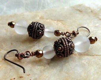 Antique copper and white sea glass earrings, beach glass earrings, niobium earrings, hypoallergenic, fancy filigree antique copper beads