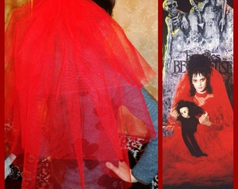 Halloween party Veil 3-tier red, Halloween costume idea. Lydia Deetz halloween costume veil. Bachelorette veil, long length. Halloween night