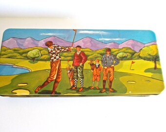 Vintage Tin Golf Scene Graphic 1920s Attire and Equipment