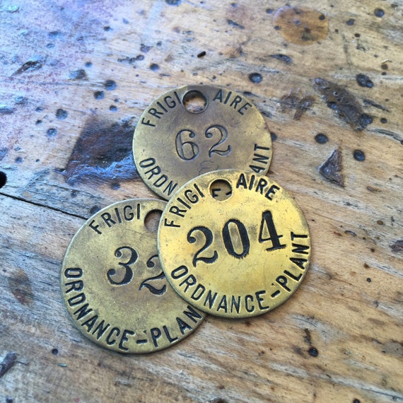 Set of 3 Antique numbered round brass tags vintage room