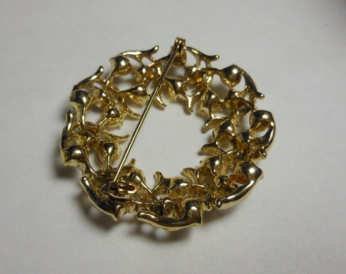 FREE SHIPPING Rhinestone circle pin brooch with gold leaves, late 1950s early 60s, amethyst and clear rhinestones, gold plated