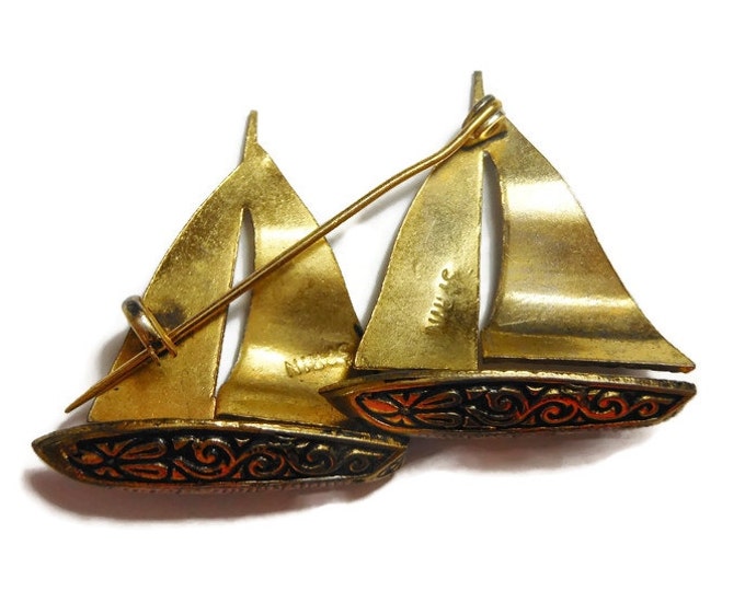 FREE SHIPPING Damascene ship brooch, Toledo ware sail boats, two sailing ships, made in Spain, mid century, nautical boat pin