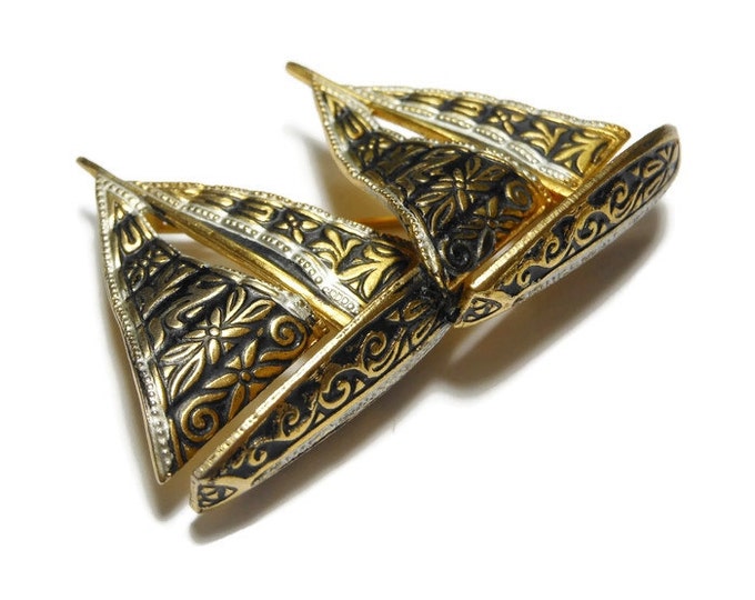 FREE SHIPPING Damascene ship brooch, Toledo ware sail boats, two sailing ships, made in Spain, mid century, nautical boat pin