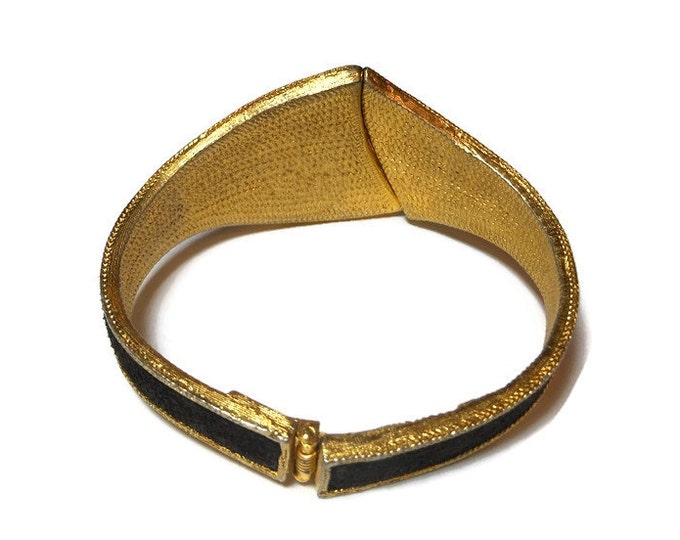FREE SHIPPING BSK cuff bracelet - Unique signed black suede hinged cuff gold plate very rare. vintage