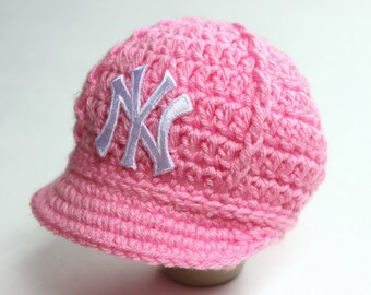Girls Pink Yankees Baby Hat - Cap - New York Yankees - Baby Gift / Newborn - Baseball Photo Prop - MLB - Knitted / Crochet