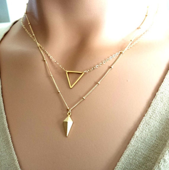 Layering Necklaces Set / Triangle Necklace Spike Gold