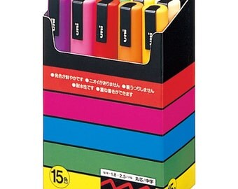 UNI POSCA 15 Colors Paint Marker Set - Medium Point 1.80mm to 2.50mm Pen Line Width