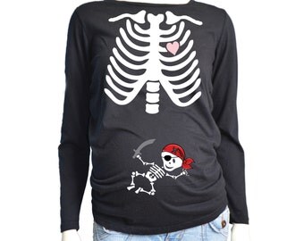 Halloween MATERNITY Skeleton Shirt Long Sleeve, Pirate Baby Halloween Costume Tshirt, Custom Pregnancy Shirt, Pregnancy Skeleton Shirt
