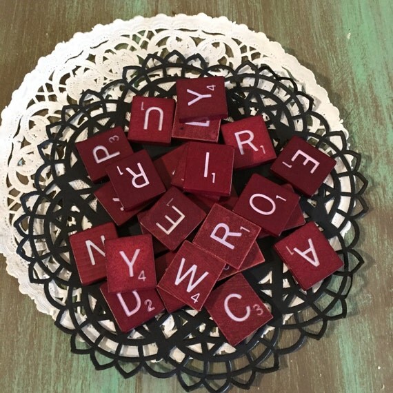 25 Red Scrabble Tiles / Vintage Red Number Tiles for Mixed Media