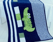Alligator Blanket, Baby Boy Blanket, Navy Stripes, Preppy Quilt Blanket, Madras Alligator Blanket,  Baby Boy Room,  Navy Chevron Quilt