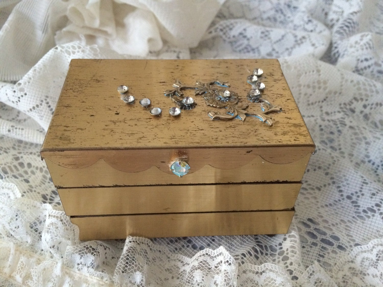 Vintage Gold Expandable Jewelry Box Ornate Rhinestones Ornate