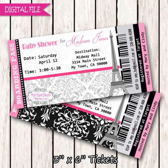 Paris Boarding Pass Invitation Ticket Eiffel Tower Baby Shower