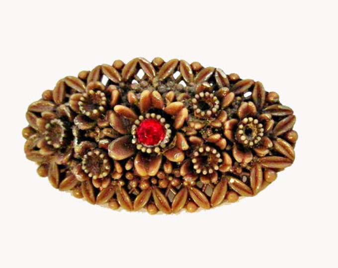 Celluloid Flower Bar Brooch Olive green with red rhinestone pin