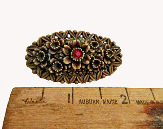 Celluloid Flower Bar Brooch Olive green with red rhinestone pin