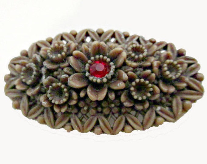 Celluloid Flower Bar Brooch Olive green with red rhinestone pin