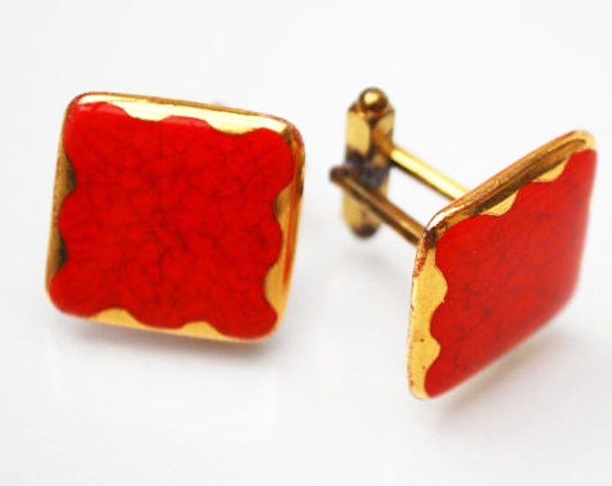 red gold Cuff Links - Red Marble Enamel Glass - Square cufflinks