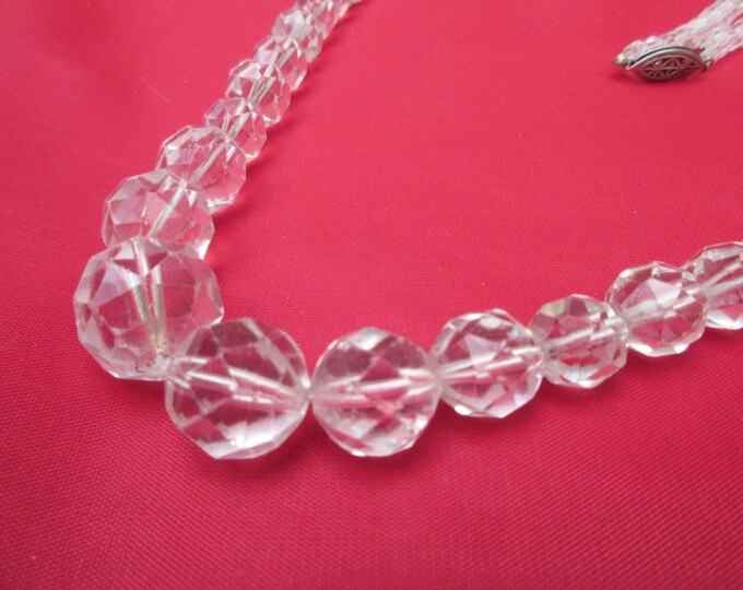 Graduated Crystal Bead Necklace - clear facet cut glass beads - 28 inch long - Art Deco