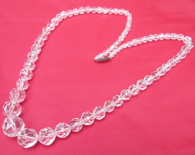 Graduated Crystal Bead Necklace - clear facet cut glass beads - 28 inch long - Art Deco