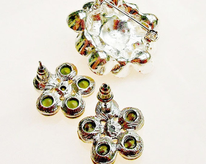 Atomic Brooch Pierced earrings set - Clear Rhinestone - silver setting - Mid Century