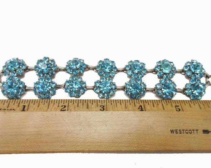 Blue Link Bracelet double strand of Rhinestone flower mid century light baby blue rhinestone bracelet