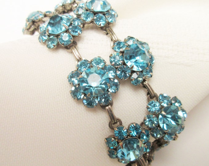 Blue Link Bracelet double strand of Rhinestone flower mid century light baby blue rhinestone bracelet