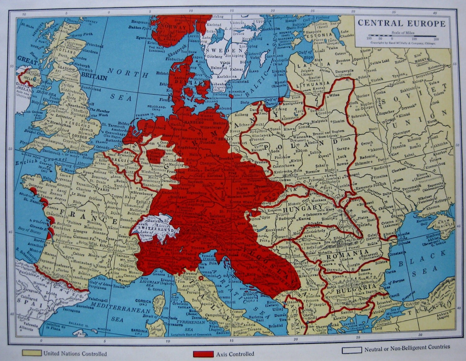 1945 Antique Wartime EUROPE Map of Central Europe Map