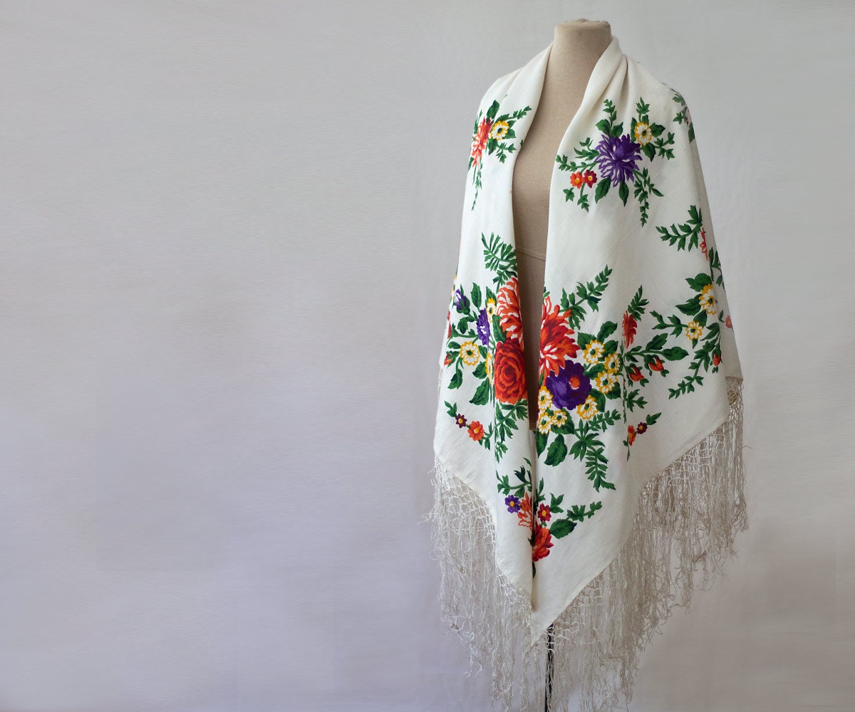 white Russian shawl, silk shawl, fringed shawl, white, purple, orange ...