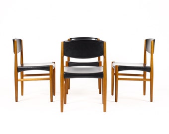 Danish Modern / Mid Century Dining chairs— Teak frames / Black Vinyl seats — Glostrup Mobelfabrik - Set of four