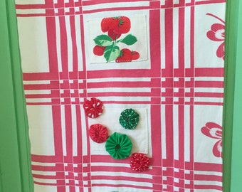 vintage cotton dish tea towel red tablecloth strawberries OOAK upcycled chic shabby cottage mid century kitsch
