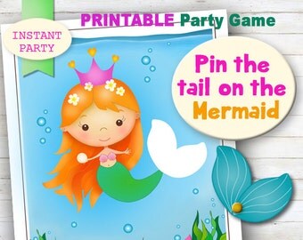 Pin the Tail on the Mermaid - Printable party game. Jpeg, digital file. INSTANT PARTY.