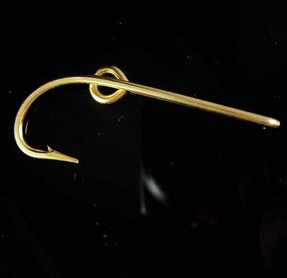 LARGE Fish HOOK Tie clip vintage gold novelty fishermen