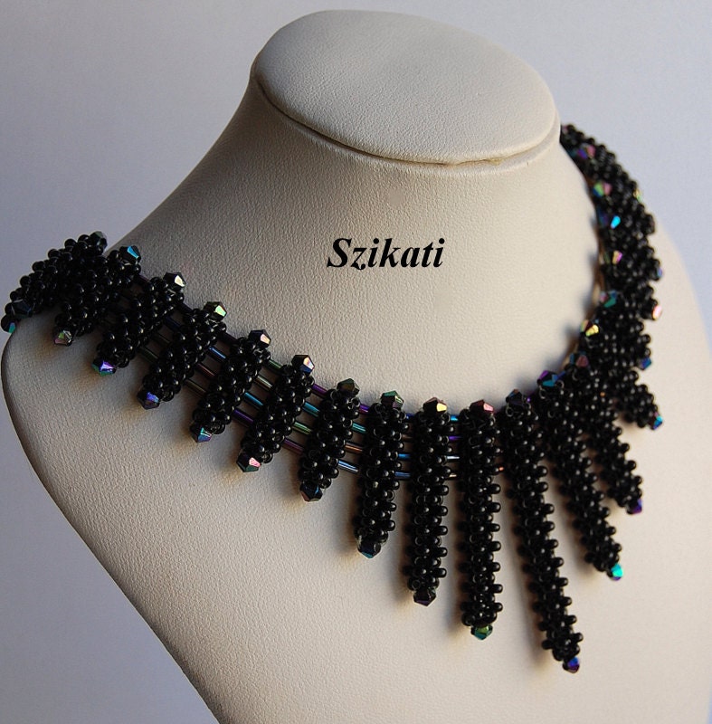 Black Seed Bead Bib Necklace Statement Beadwork Necklace