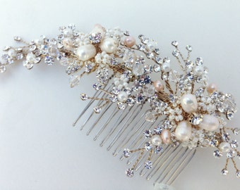 Crystal and Pearl Bridal Hair Comb, Wedding Hair Comb, Ivory & Champagne Pearl, Crystal Hair Comb, Swarovski Crystal, Bridal Headpiece,