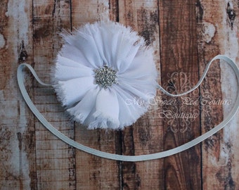 White Vintage Frayed Ruffle Flower with Rhinestone Center Headband- Baby Girl Headband - Baby Headband - Newborn Headband - Infant Headband