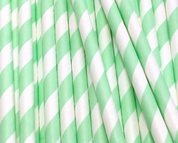 25 Mint Green and White Diagonal Stripe Paper Drinking Straws - Party Decor Supplies Tableware Il_570xn