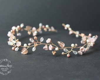 Rose gold hair vine wedding bridal hair accessory accessories - headband - wreath - bride rose blush pink gold flower crown STYLE: Zoe