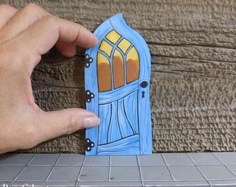 Crooked Fairy Door Tooth Fairy Door Stained Glass Window Miniature Magic Door Art Acrylic Painting on Wood Blue Pink Red Teal Purple