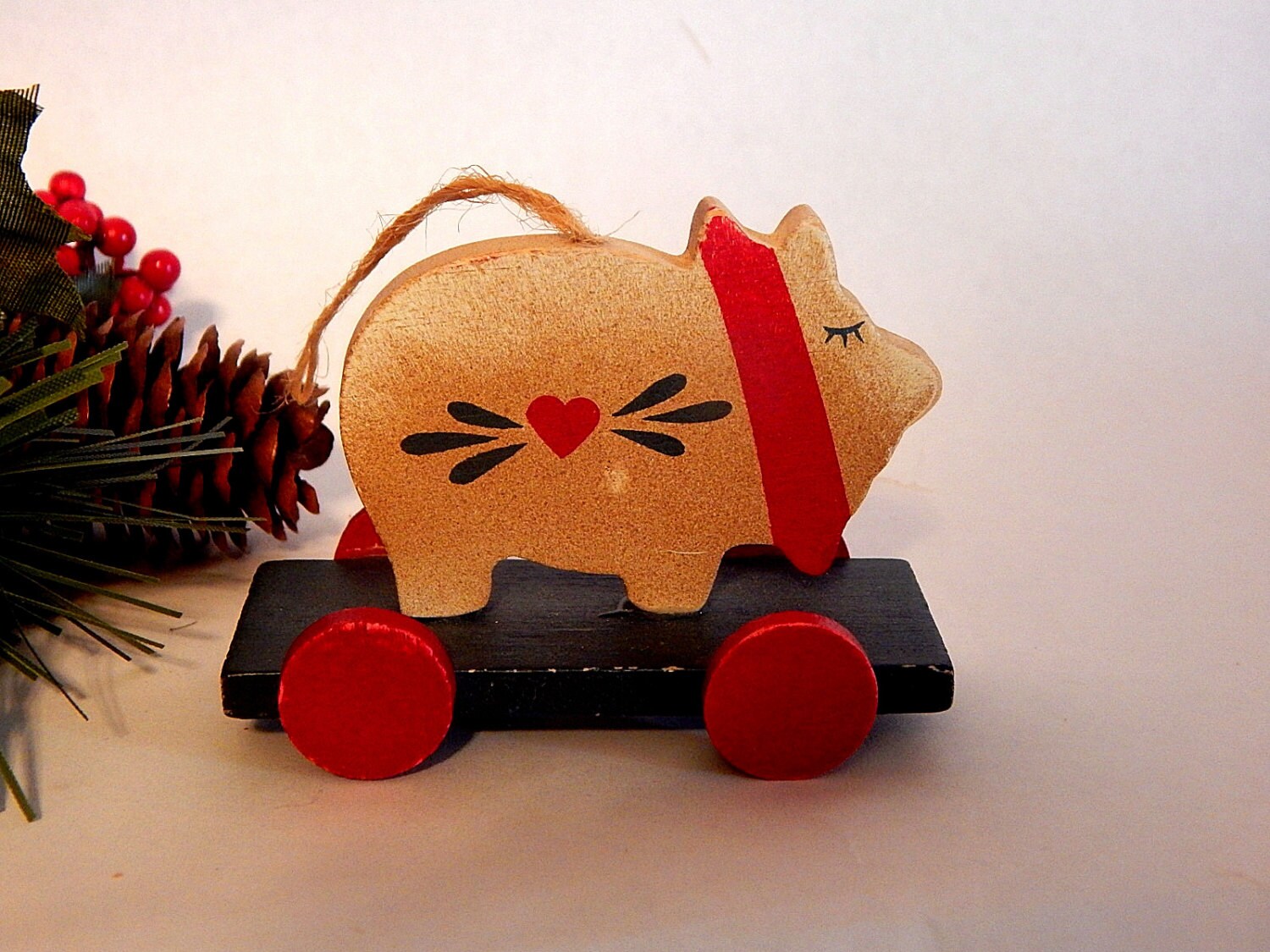 Pig Christmas Tree Ornament Wooden Farm Animal on Wheels Flat