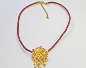 Red Leather Necklace, Gold Ornate Pendant, Woven Leather, Flower pendant, Gift for her, Red color lovers, Gold findings
