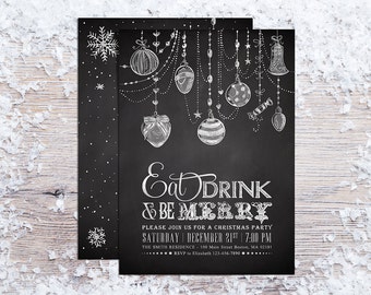 Printable Christmas Invitations, Holiday Party Invitation, Christmas Ornaments Invite, Eat Drink and be Merry