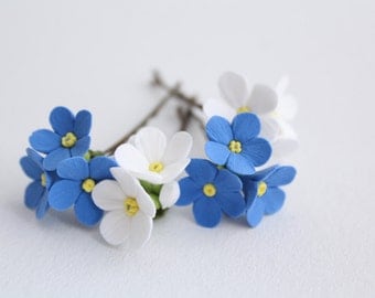 Hair bobby pin flowers. Six pin white and blue forget-me-not. Set of 6.